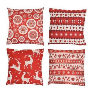 Set of 4 Red and White Christmas Theme Pattern Polyester Cushion Cover Red